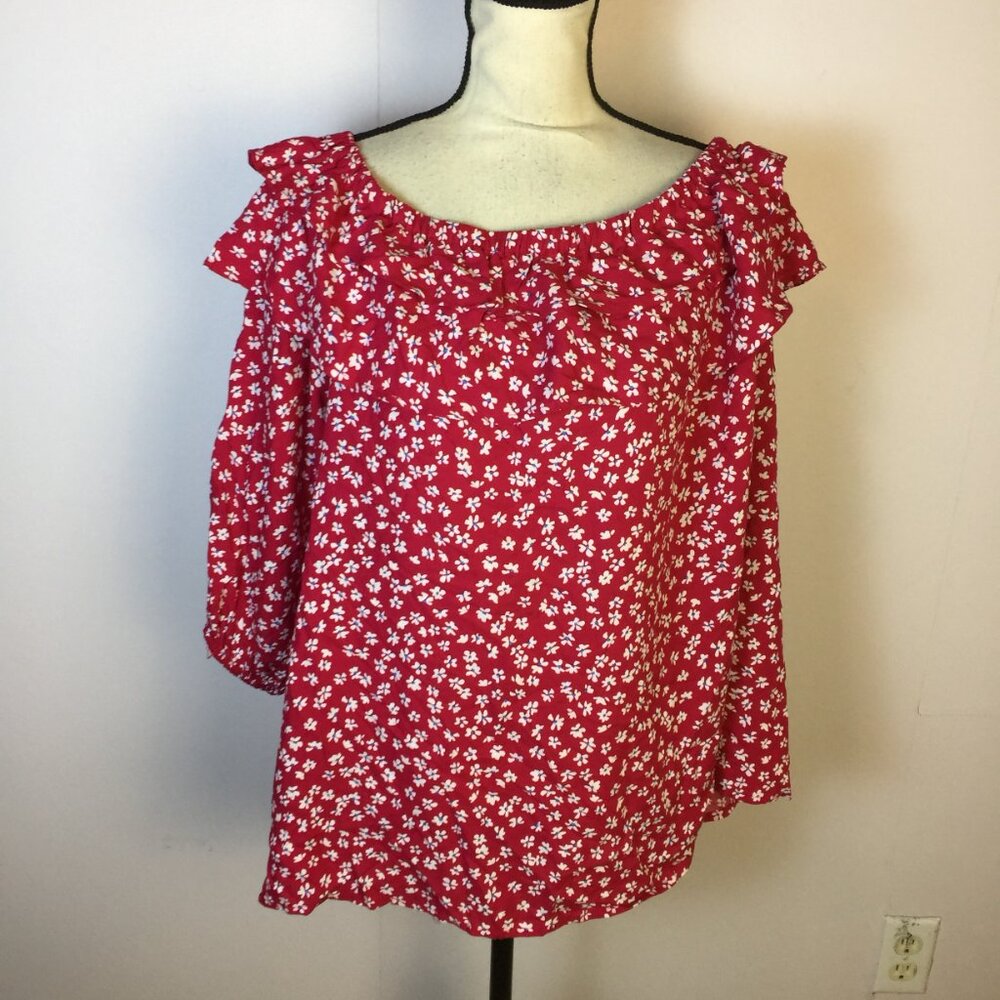 Vince Camuto Blouse Top 2X Womans Plus Pink White Floral Off The Shoulder Ruffle